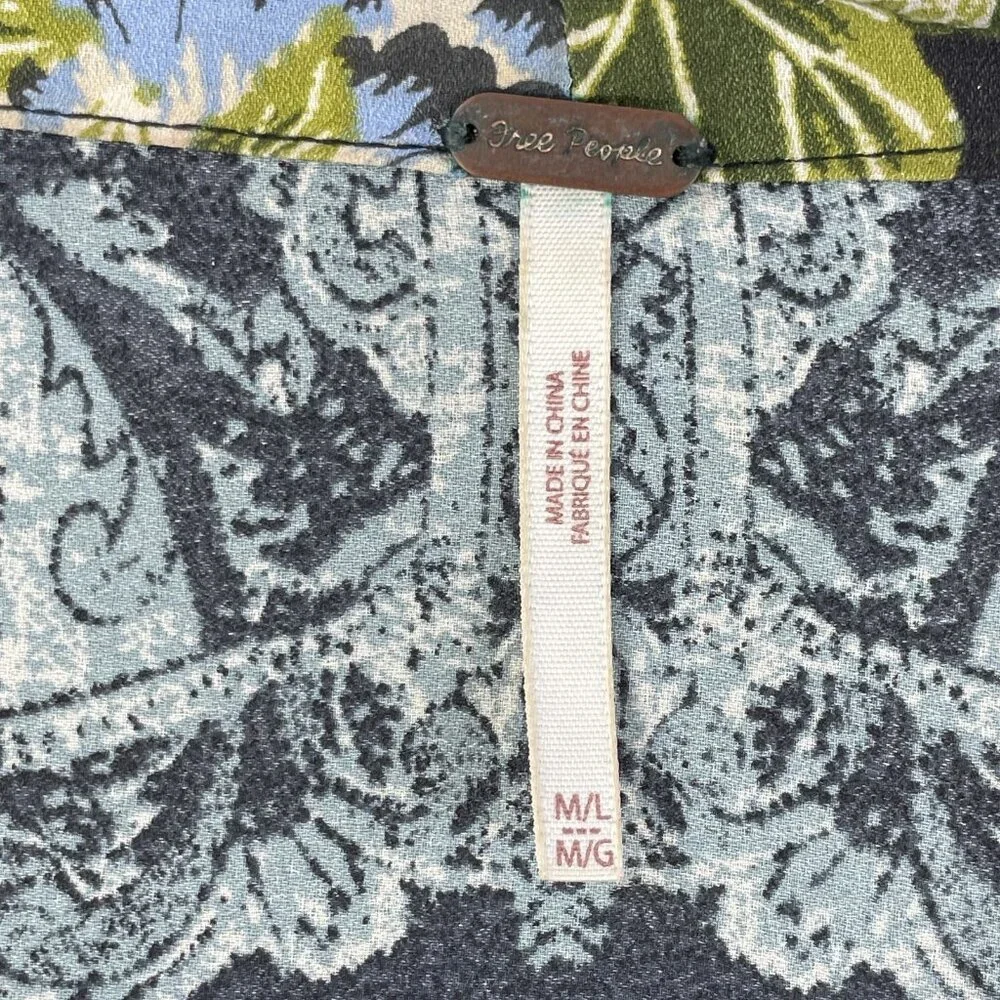 Free People Jacket Womens Medium Large Black Blue Floral Boho Kimono Pockets Zip